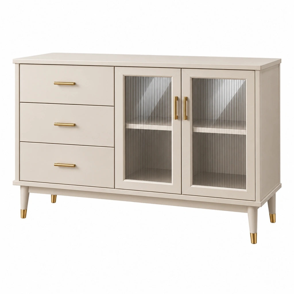 Komoda 120 x 40 x 80 cm z płyty meblowej ecru ze szkłem ryflowanym do salonu w stylu nowoczesnym