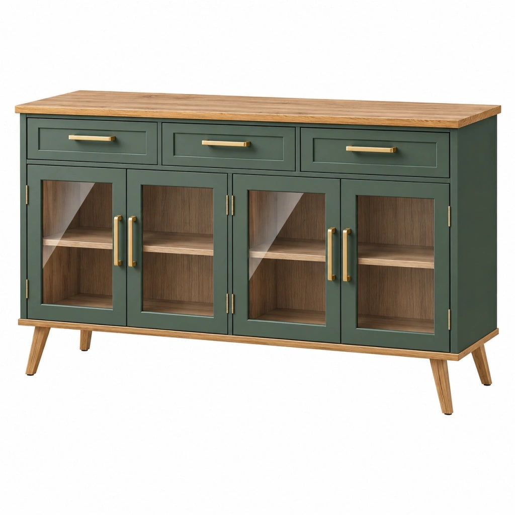 Komoda 160 x 45 x 90 cm z drewna i szkła zielona - 3 szuflady 4 drzwi styl retro