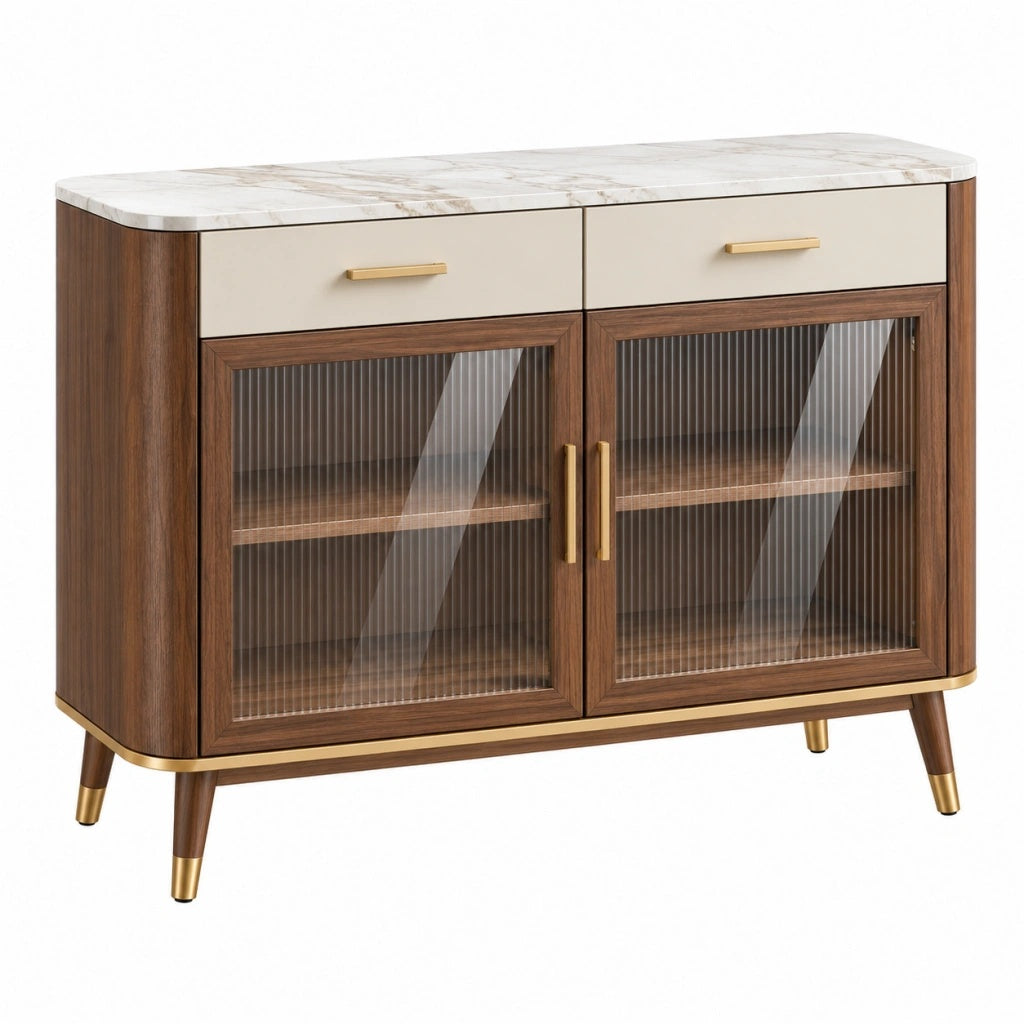 Komoda 120 x 40 x 85 cm z płyty meblowej brązowo-kremowa ze szklanymi drzwiami w stylu modern classic