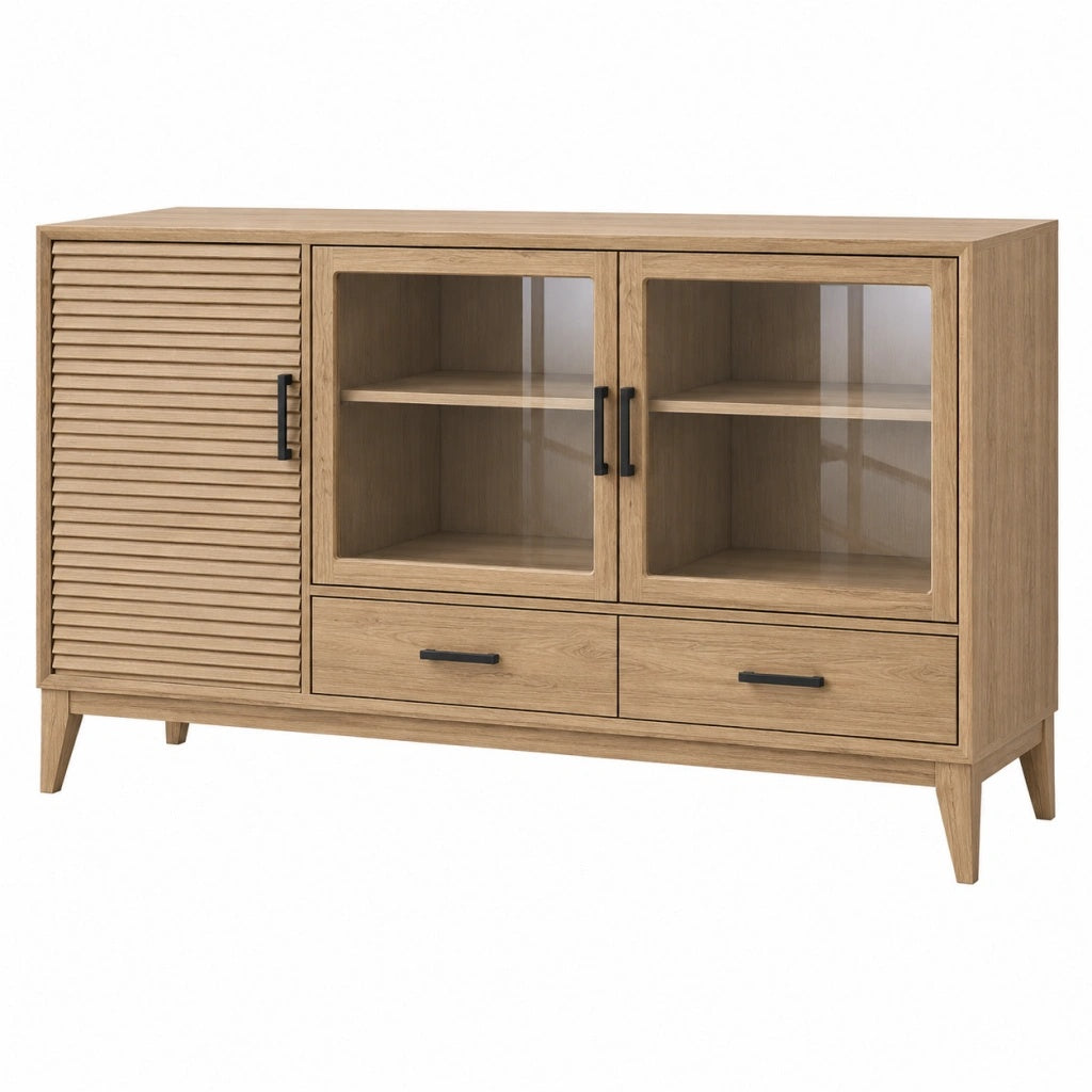 Komoda 160 cm drewniana naturalny brąz z przeszkleniem w stylu skandynawskim